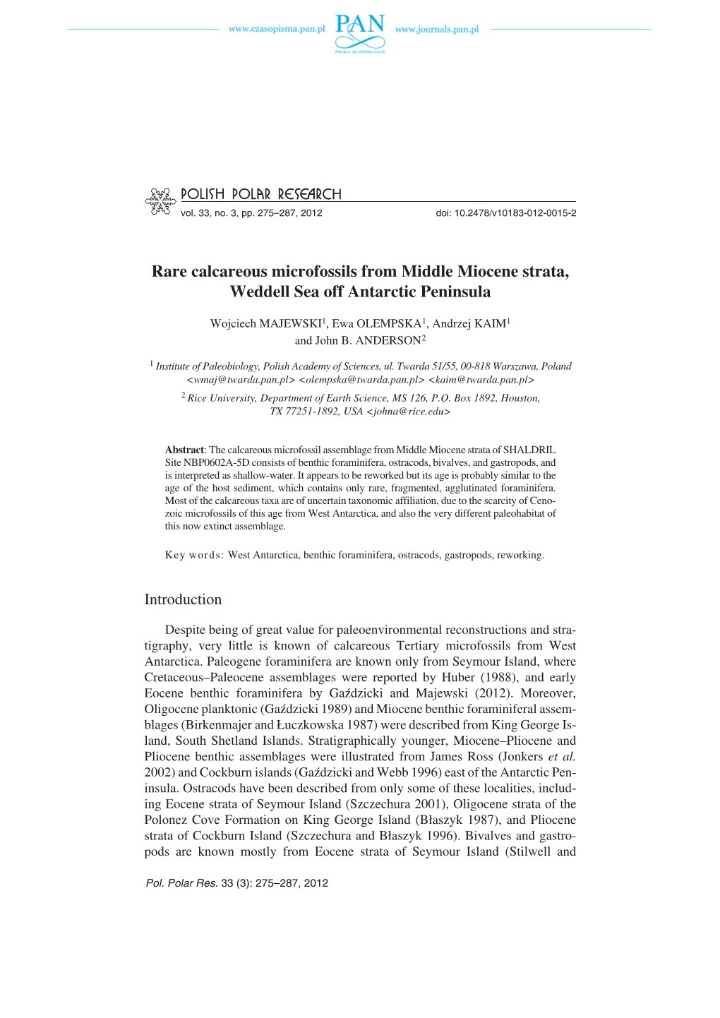 Rare Calcareous Microfossils from Middle Miocene Strata, Weddell Sea Off Antarctic Peninsula