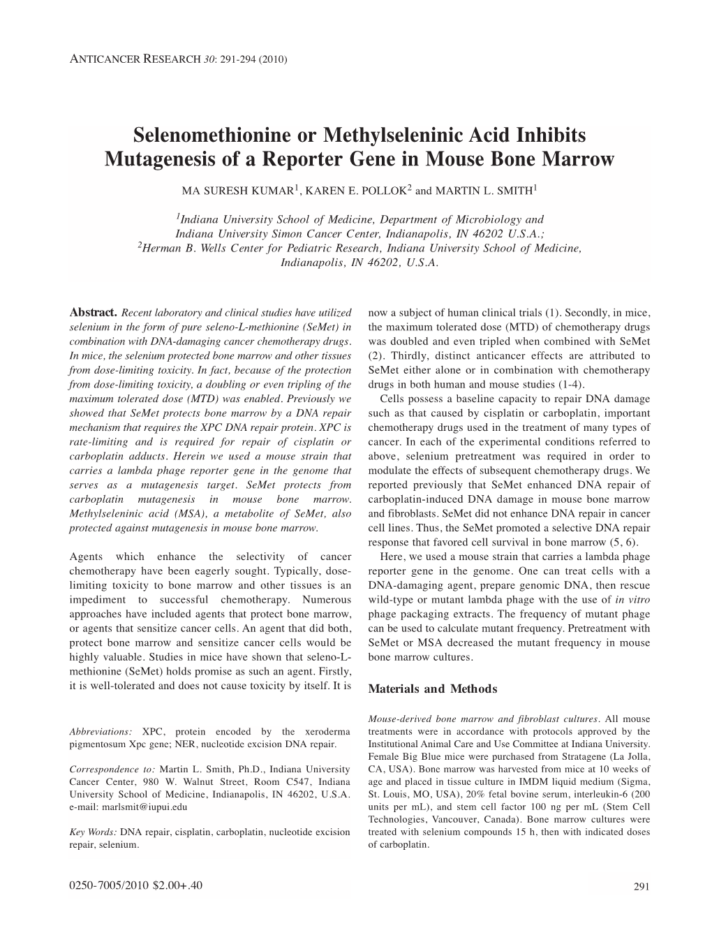 Selenomethionine Or Methylseleninic Acid Inhibits Mutagenesis of a Reporter Gene in Mouse Bone Marrow