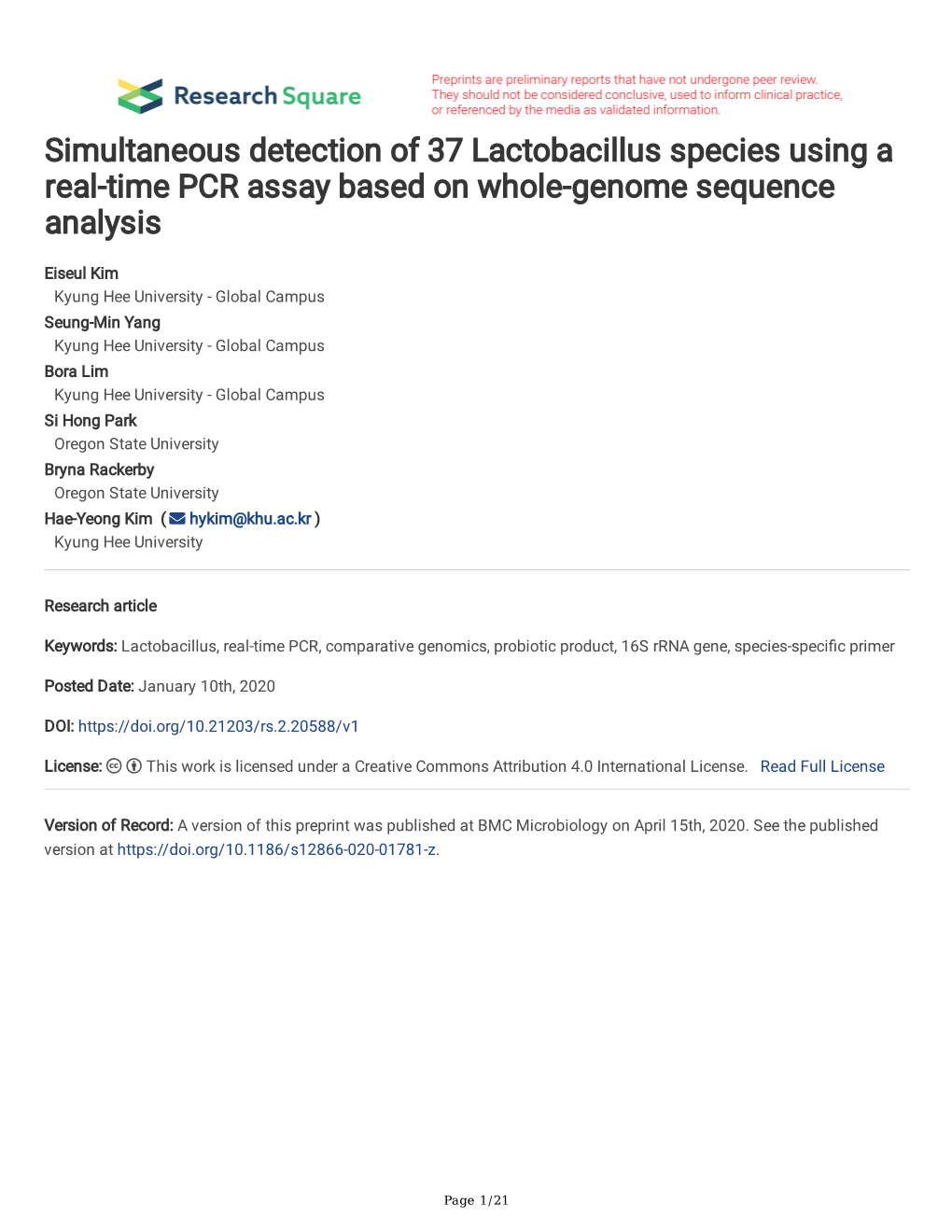 Simultaneous Detection of 37 Lactobacillus Species Using a Real-Time PCR Assay Based on Whole-Genome Sequence Analysis