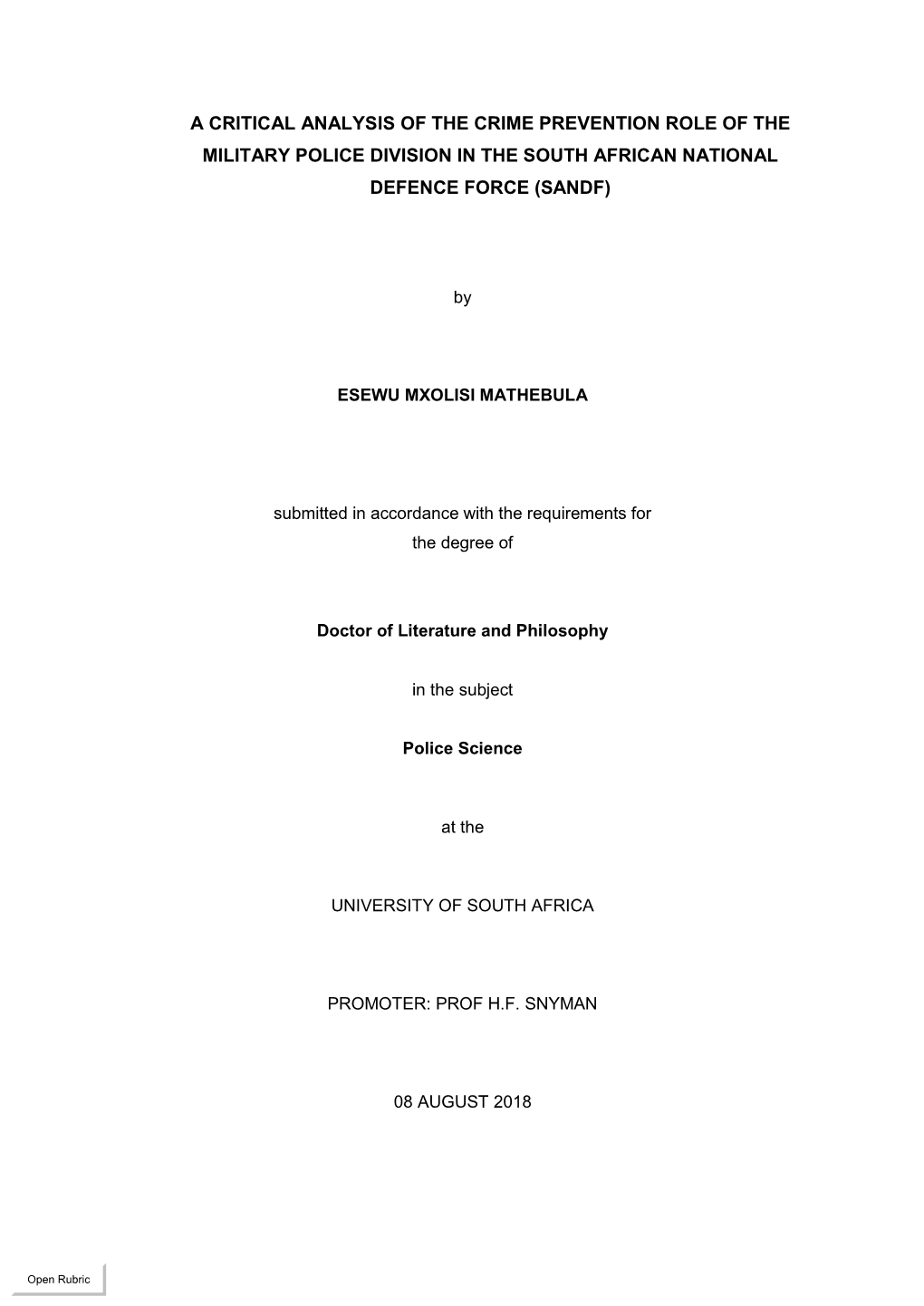 A Critical Analysis of the Crime Prevention Role of the Military Police Division in the South African National Defence Force (Sandf)