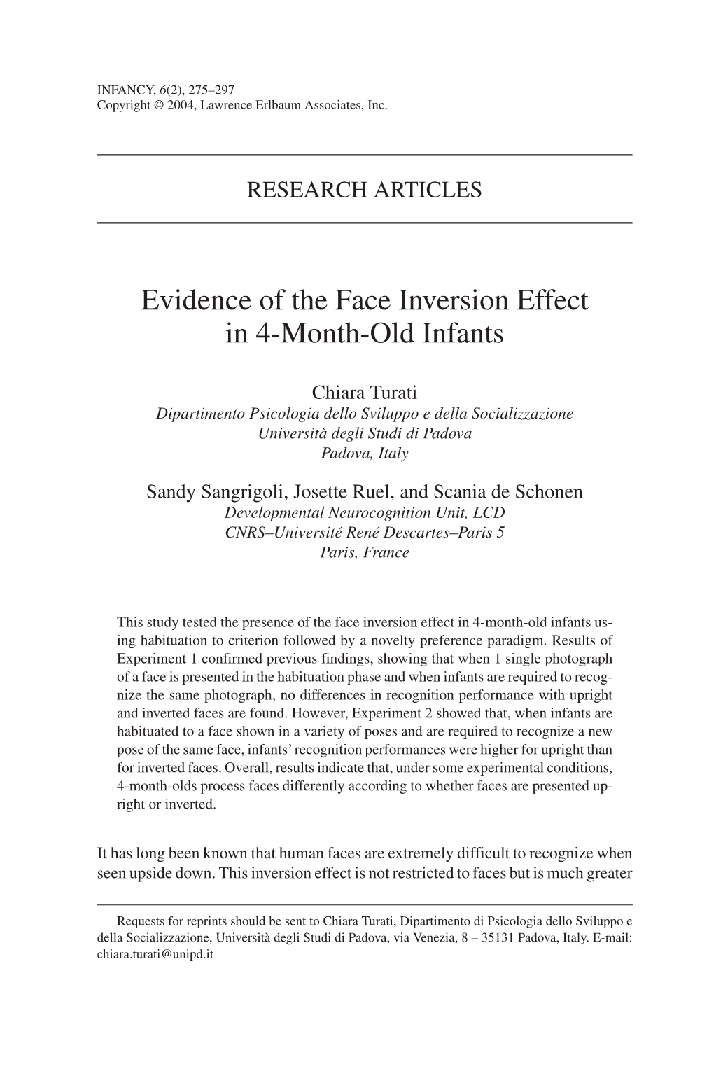 Evidence of the Face Inversion Effect in 4-Month-Old Infants