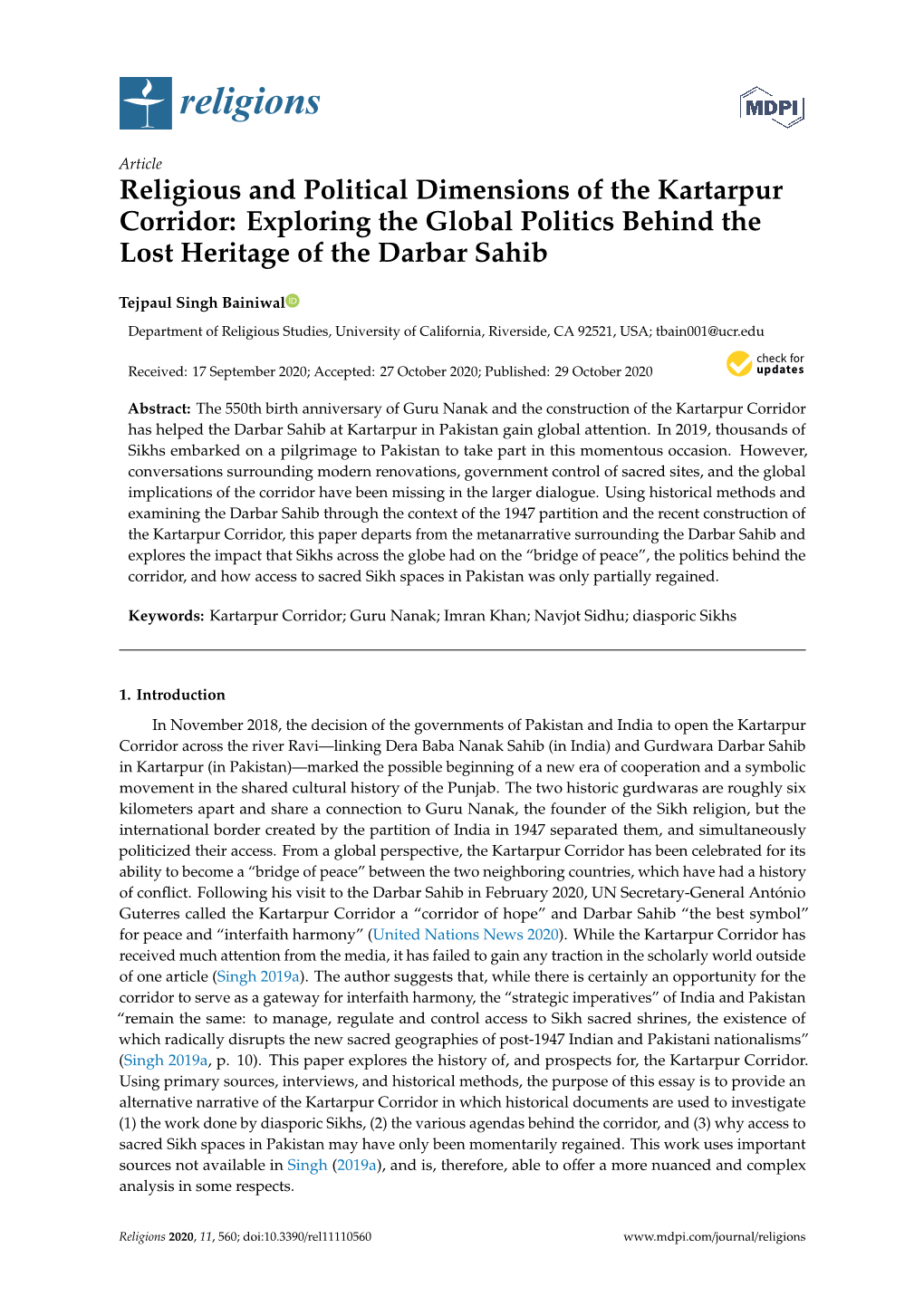 Religious and Political Dimensions of the Kartarpur Corridor: Exploring the Global Politics Behind the Lost Heritage of the Darbar Sahib