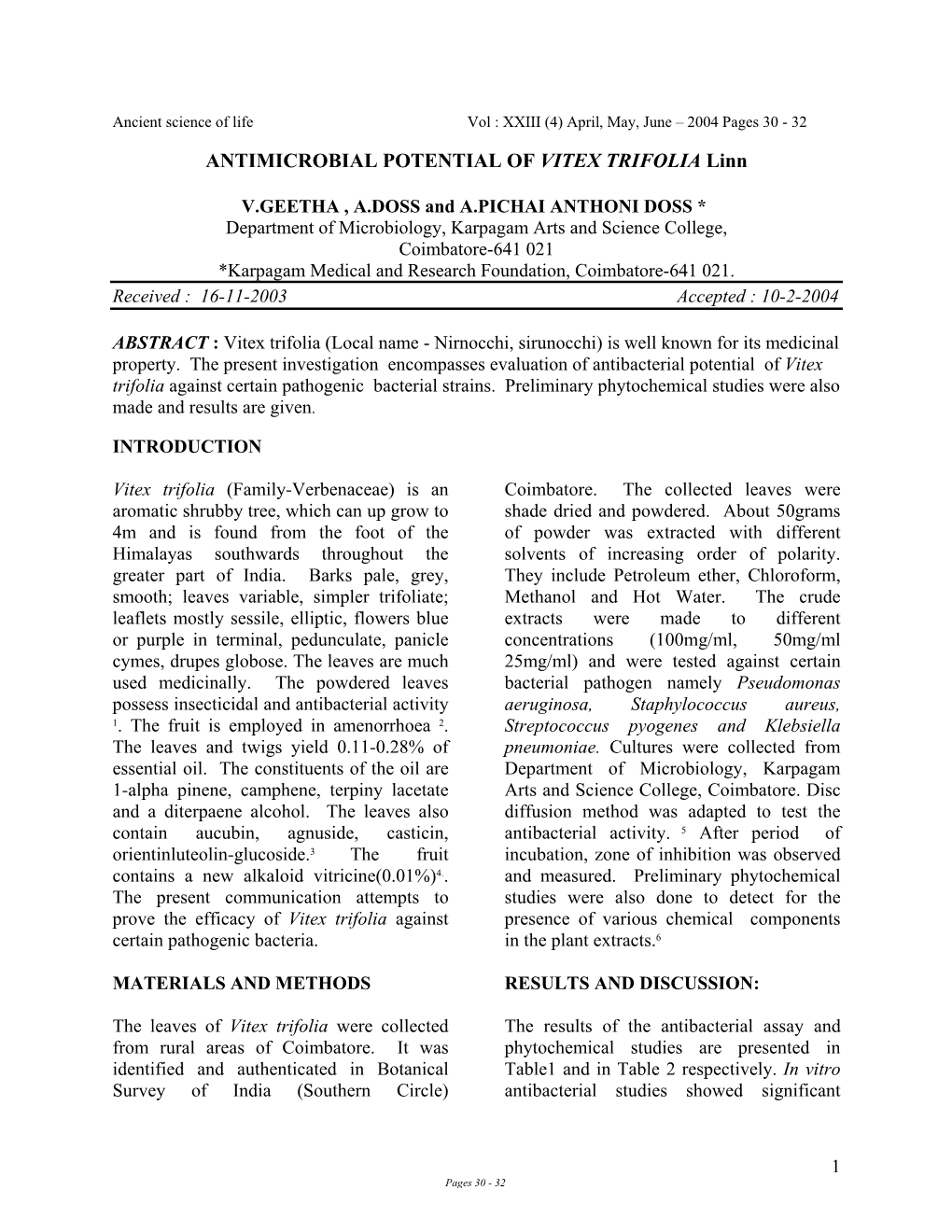 ANTIMICROBIAL POTENTIAL of VITEX TRIFOLIA Linn