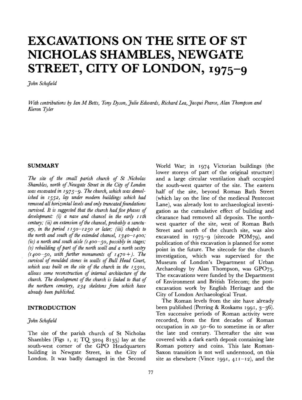 Excavations on the Site of St Nicholas Shambles, Newgate Street, City of London, 1975-9