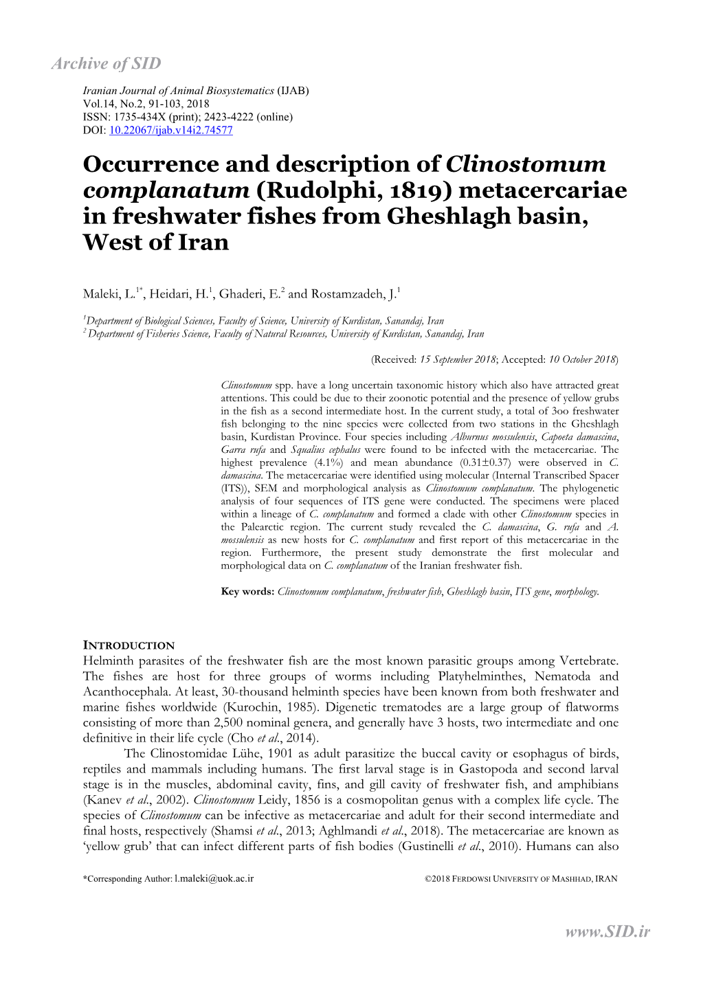 Metacercariae in Freshwater Fishes from Gheshlagh Basin, West of Iran