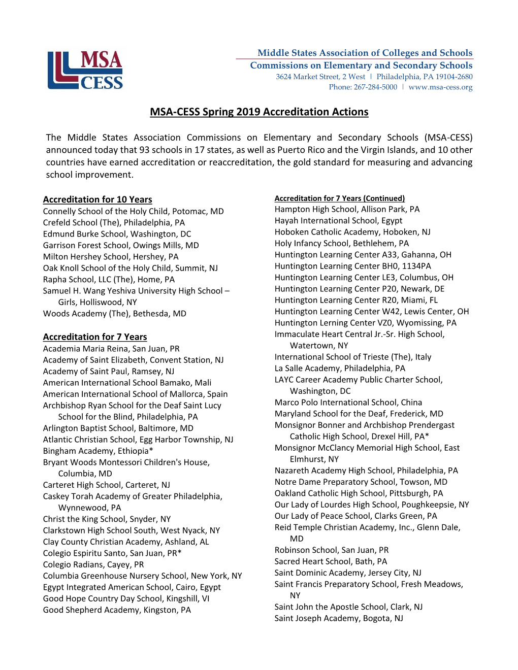 MSA-CESS Spring 2019 Accreditation Actions