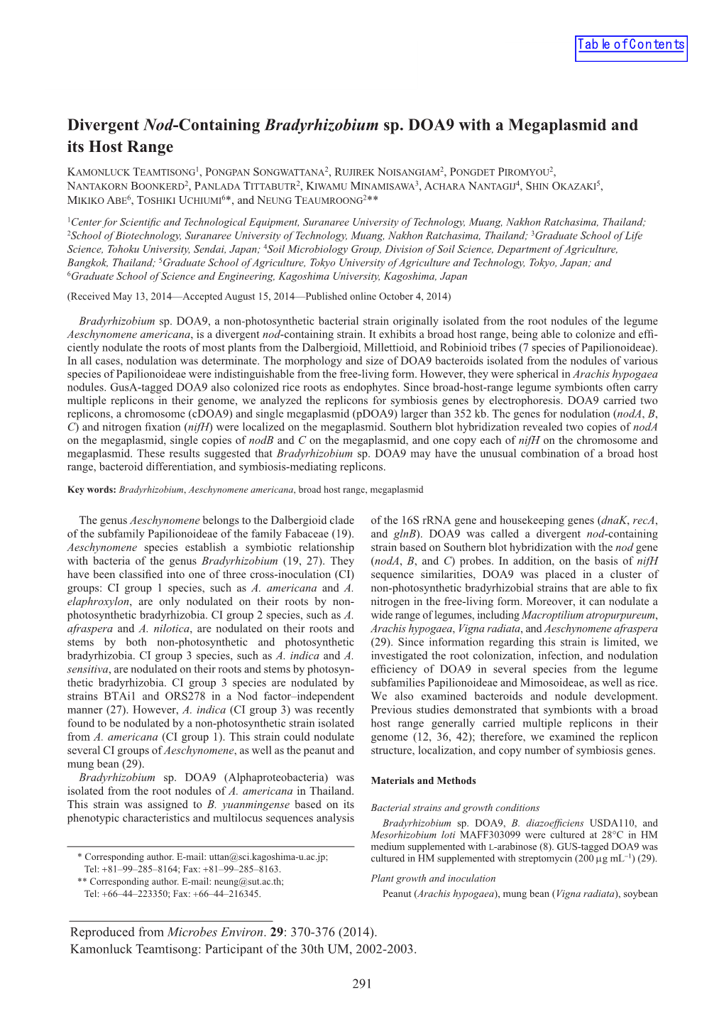 Divergent Nod-Containing Bradyrhizobium Sp. DOA9 with a Megaplasmid and Its Host Range