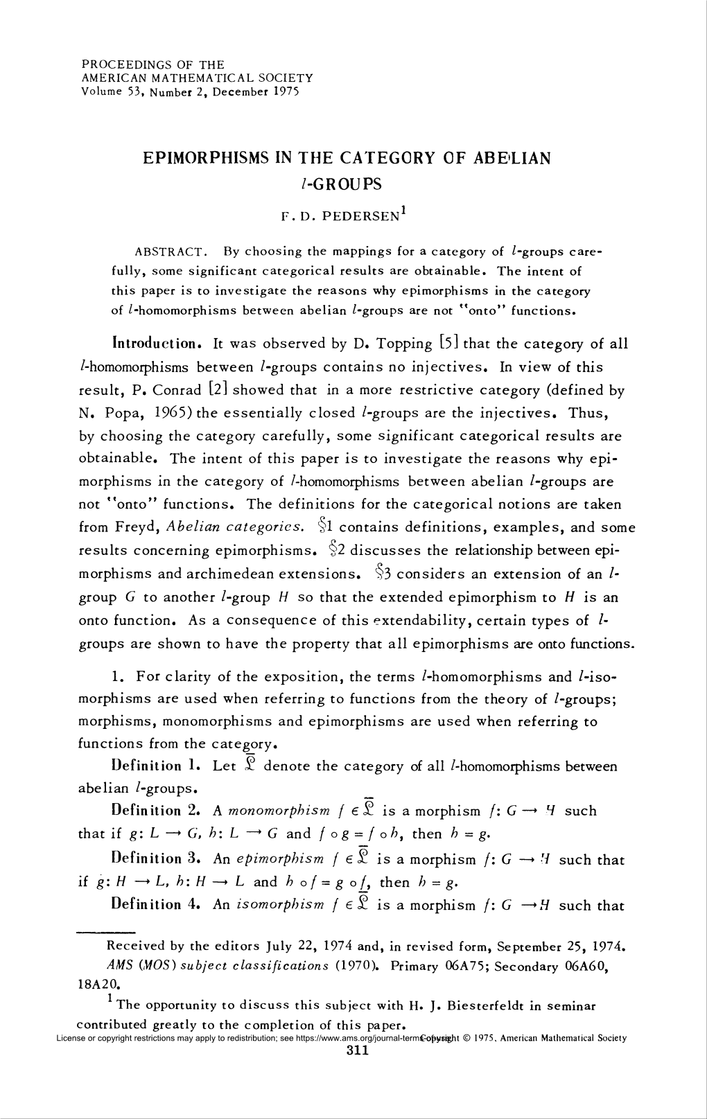 Epimorphisms in the Category of Abelian /-Groups 313