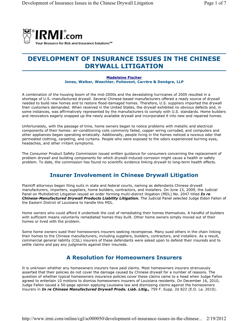 Development of Insurance Issues in the Chinese Drywall Litigation Page 1 of 7