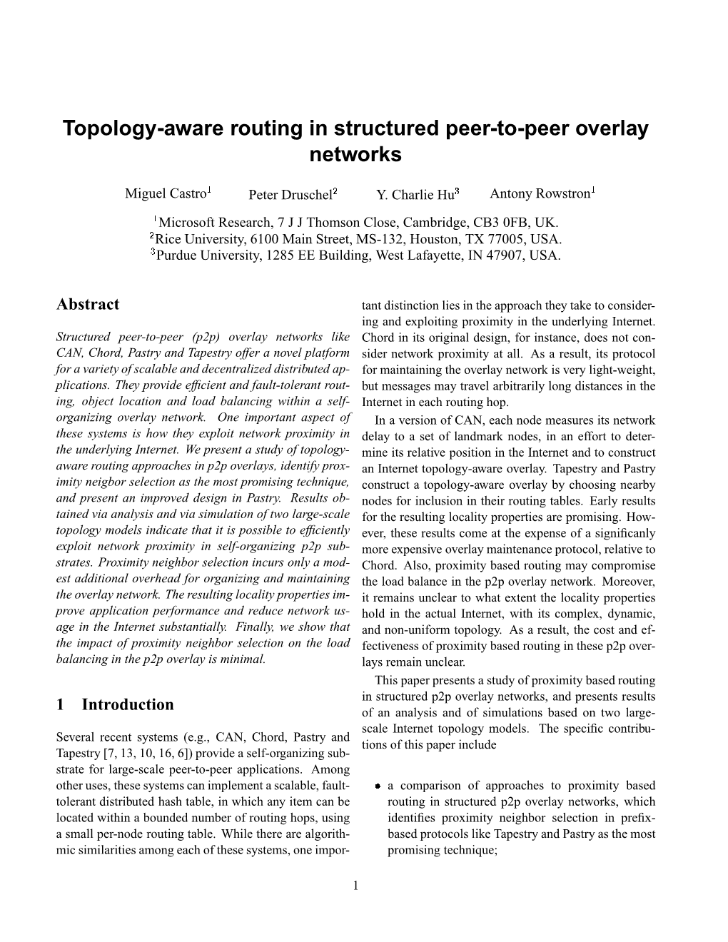 Topology-Aware Routing in Structured Peer-To-Peer Overlay Networks