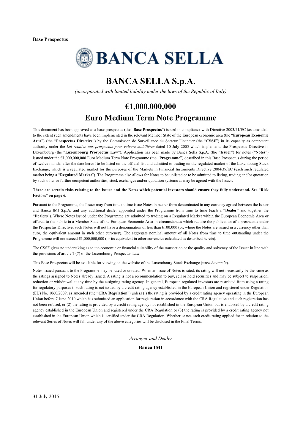 BANCA SELLA S.P.A. (Incorporated with Limited Liability Under the Laws of the Republic of Italy)