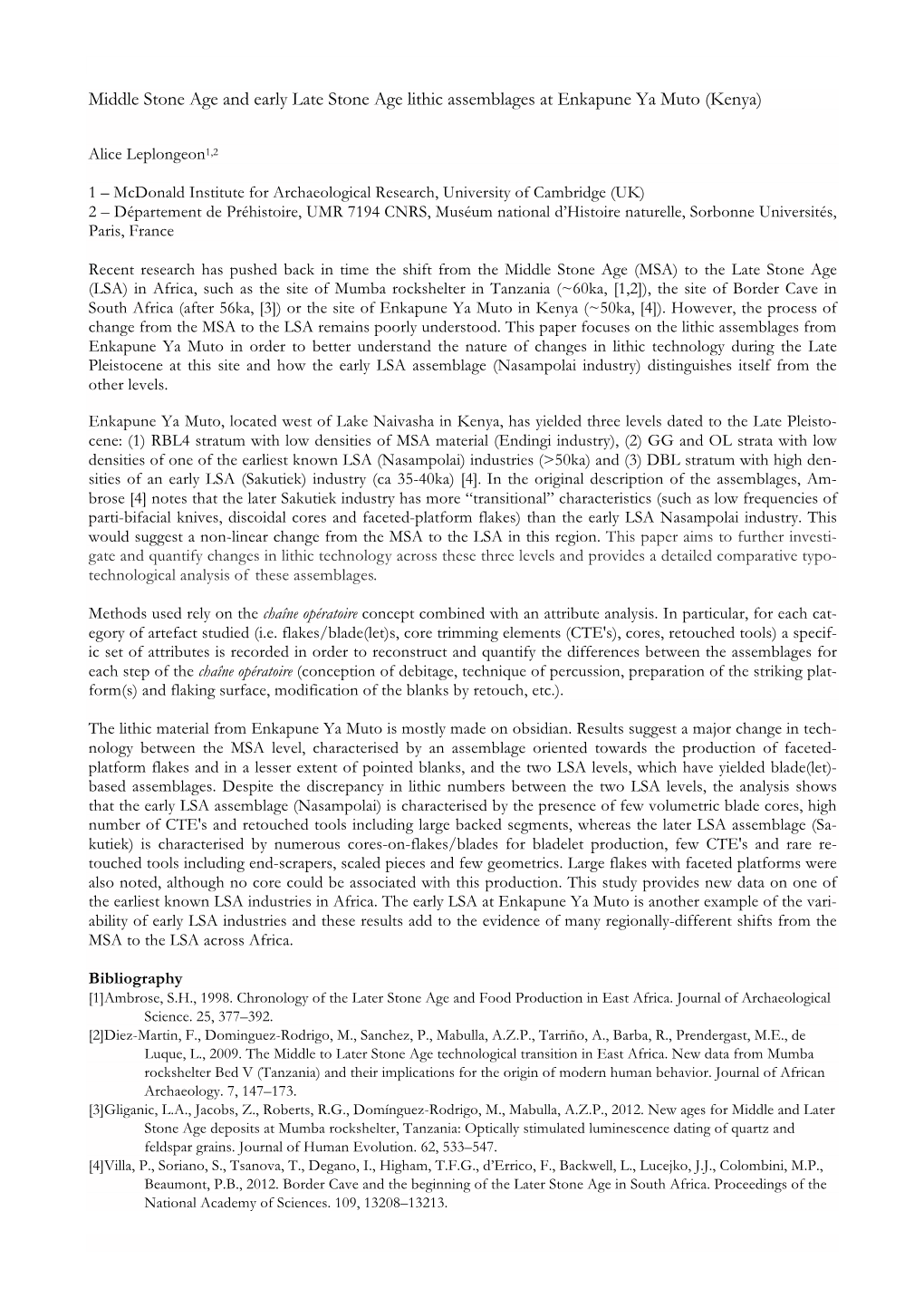 Middle Stone Age and Early Late Stone Age Lithic Assemblages at Enkapune Ya Muto (Kenya)