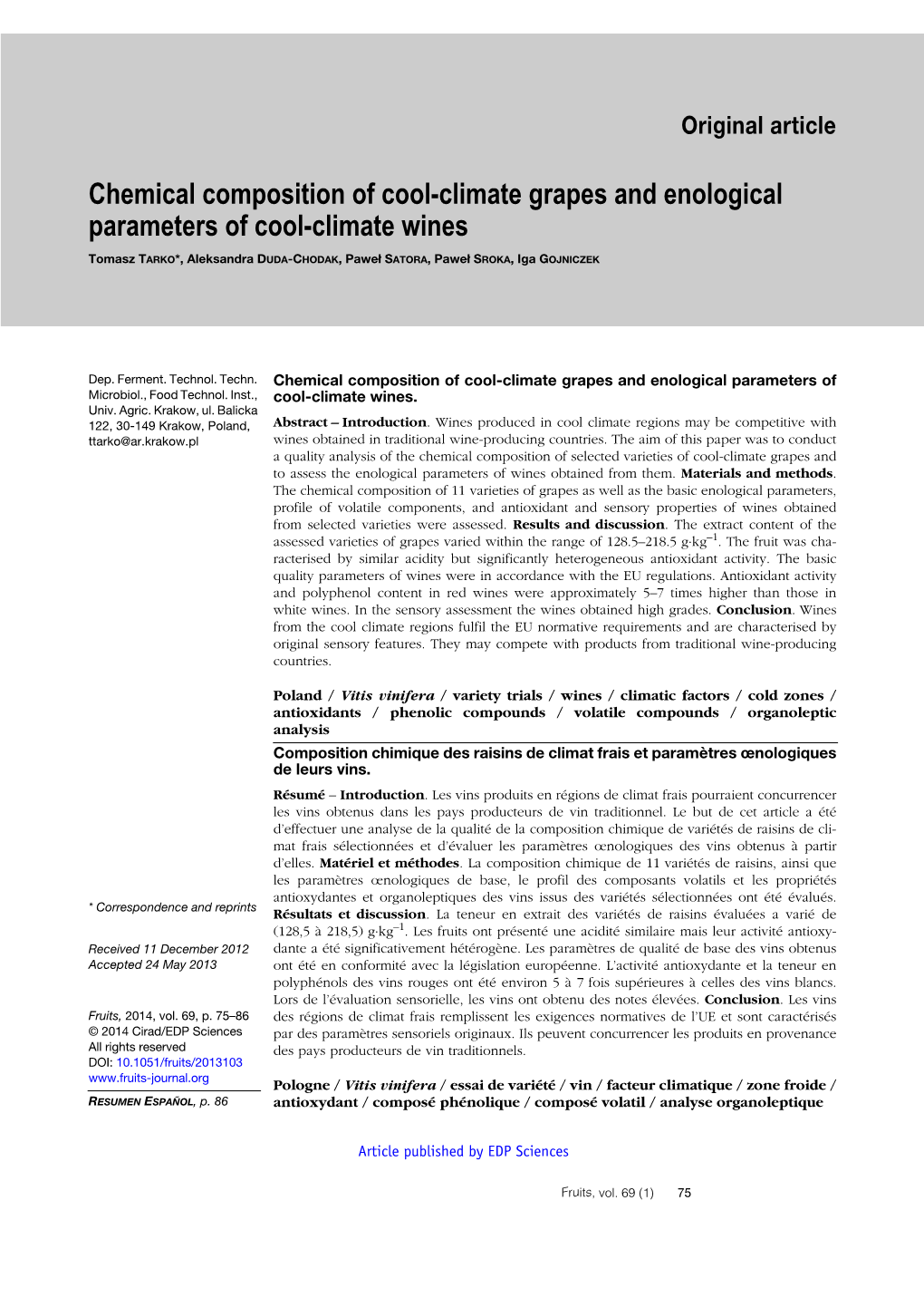 Chemical Composition of Cool-Climate Grapes and Enological Parameters of Cool-Climate Wines