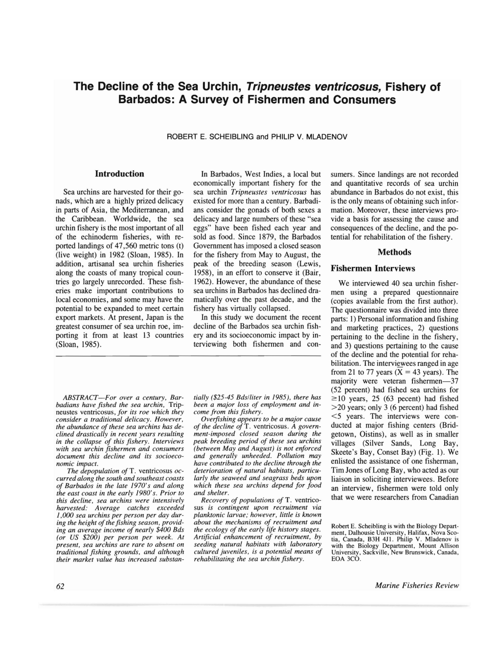 The Decline of the Sea Urchin, Tripneustes Ventricosus, Fishery of Barbados: a Survey of Fishermen and Consumers