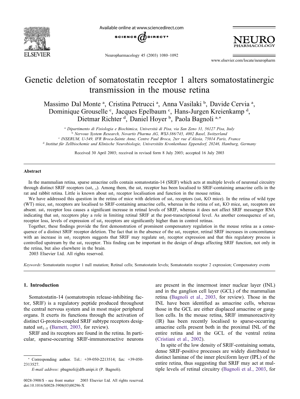 Genetic Deletion of Somatostatin Receptor 1 Alters Somatostatinergic