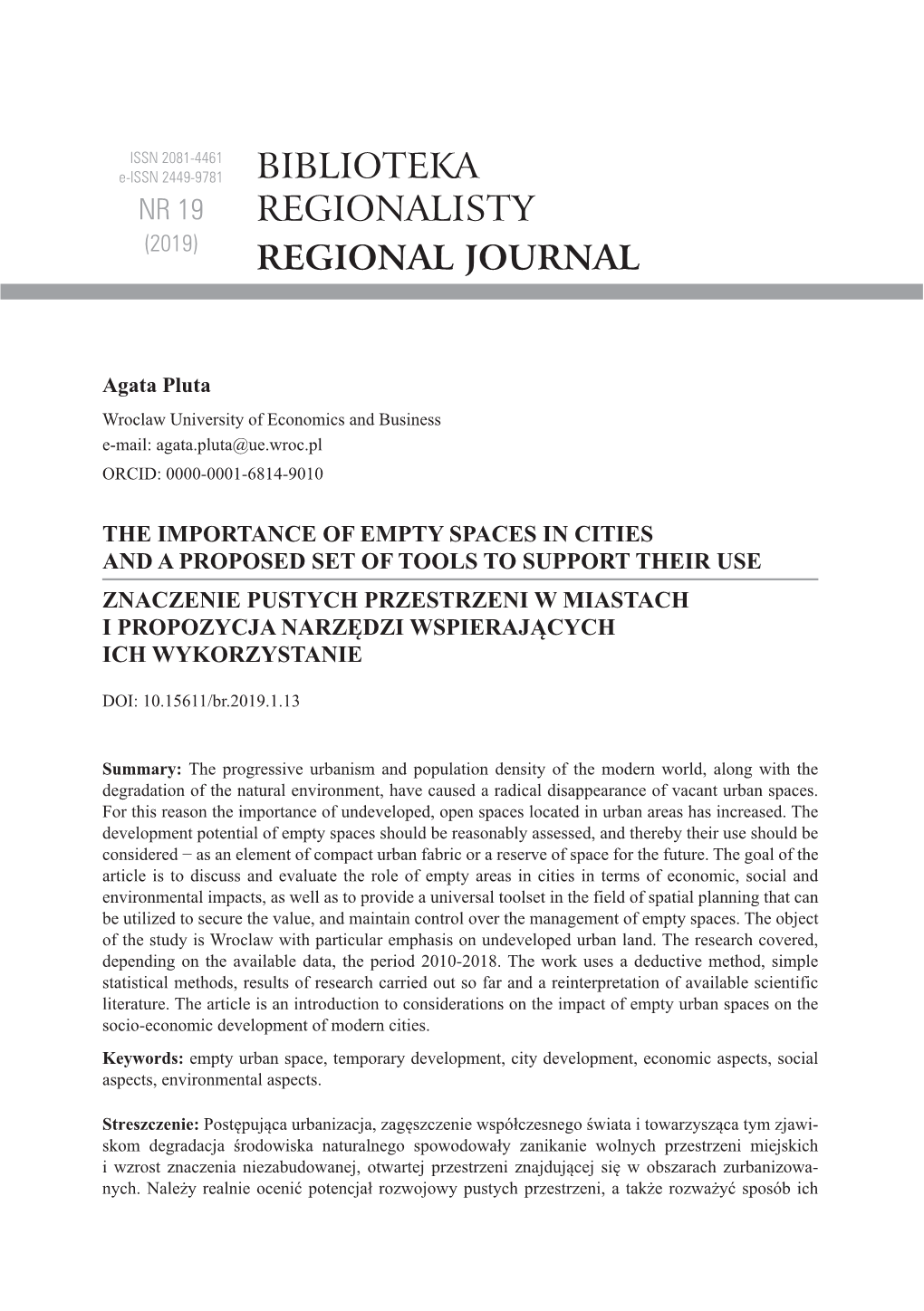 The Importance of Empty Spaces in Cities and a Proposed Set of Tools to Support Their Use / Znaczenie Pustych Przestrzeni W Mias