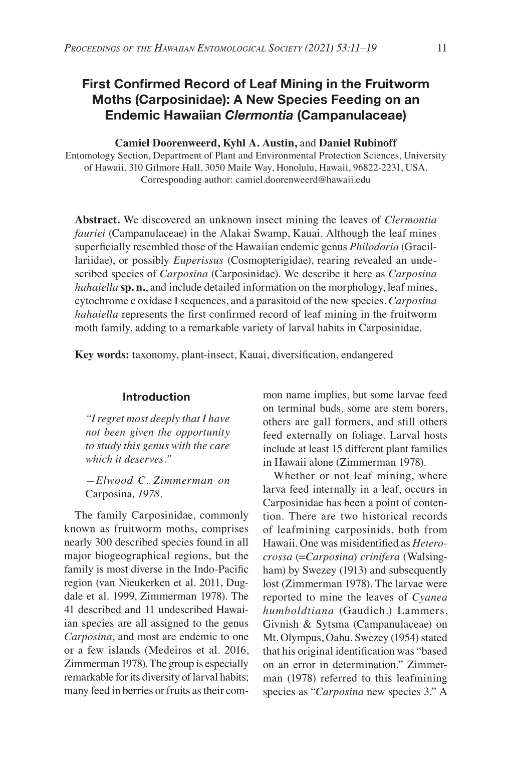 First Confirmed Record of Leaf Mining in the Fruitworm Moths (Carposinidae): a New Species Feeding on an Endemic Hawaiian Clermontia (Campanulaceae)