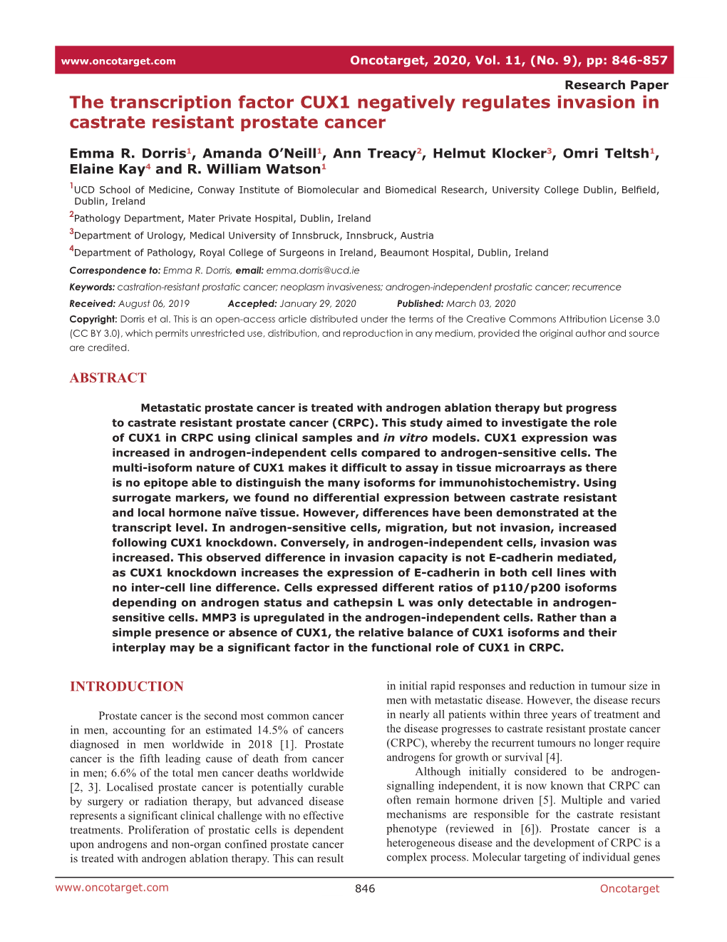 The Transcription Factor CUX1 Negatively Regulates Invasion in Castrate Resistant Prostate Cancer