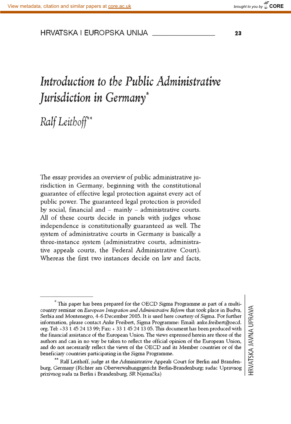 Introduction to the Public Administrative Jurisdiction in Germany" Ralf Leithoff *