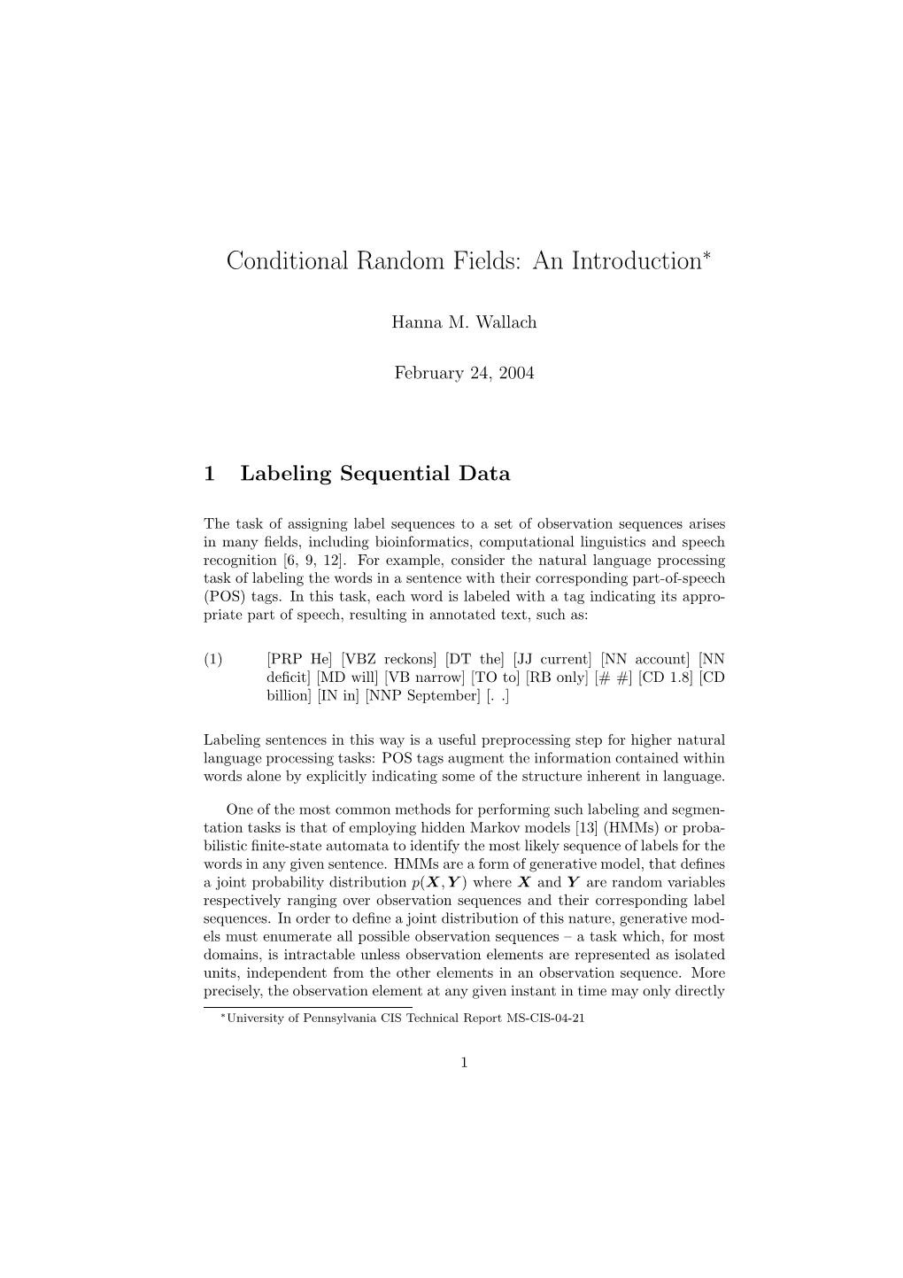 Conditional Random Fields: an Introduction∗