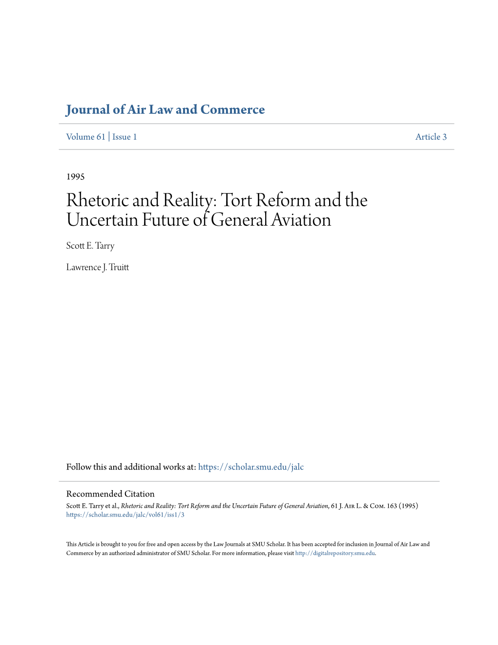 Tort Reform and the Uncertain Future of General Aviation Scott E