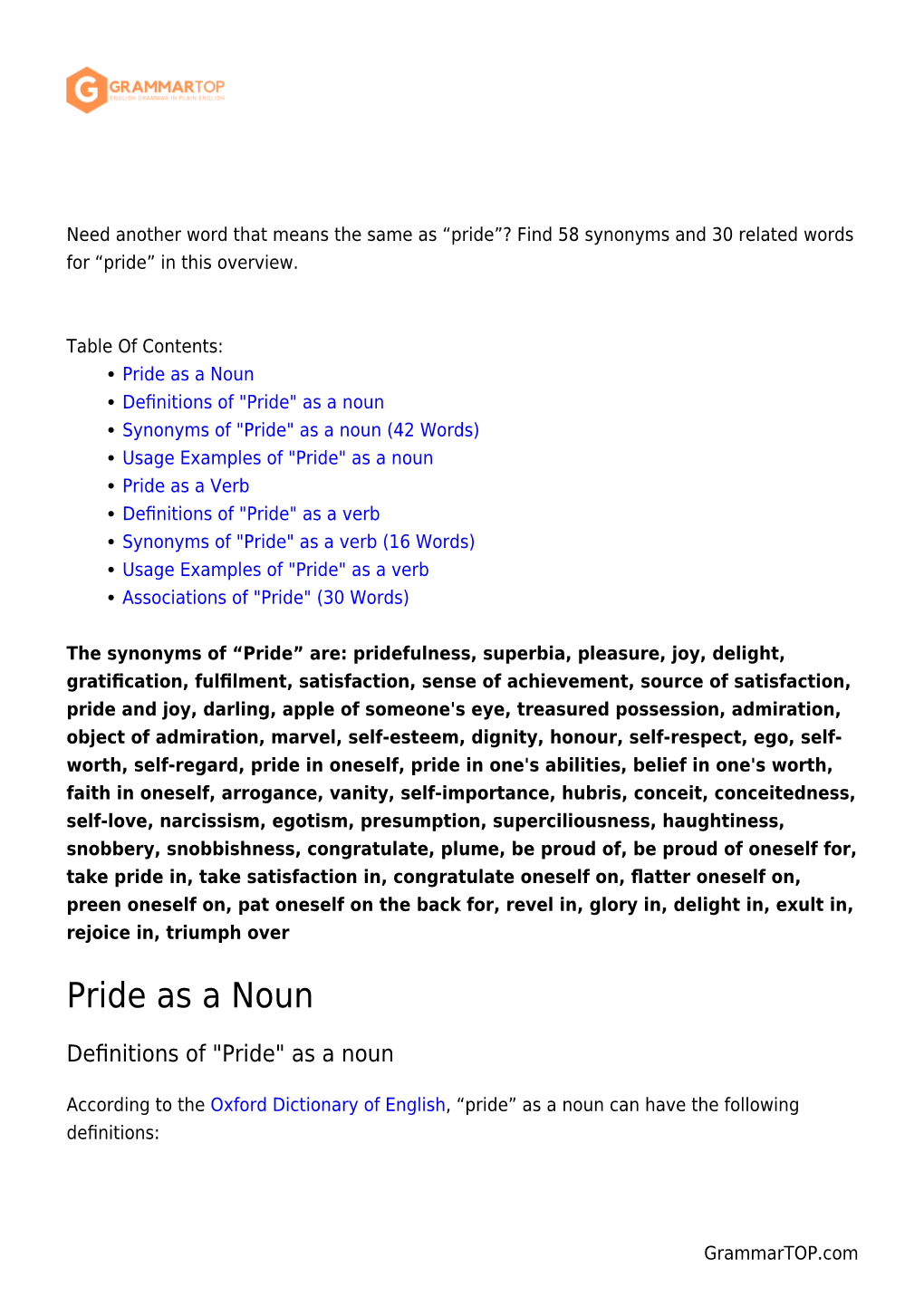 Pride”? Find 58 Synonyms and 30 Related Words for “Pride” in This Overview