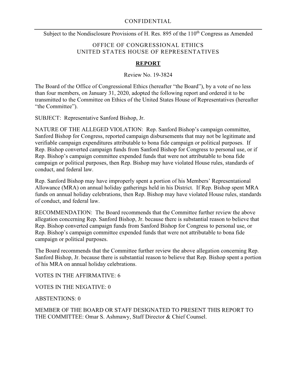 CONFIDENTIAL Subject to the Nondisclosure Provisions of H. Res. 895 of the 110Th Congress As Amended OFFICE of CONGRESSIONAL
