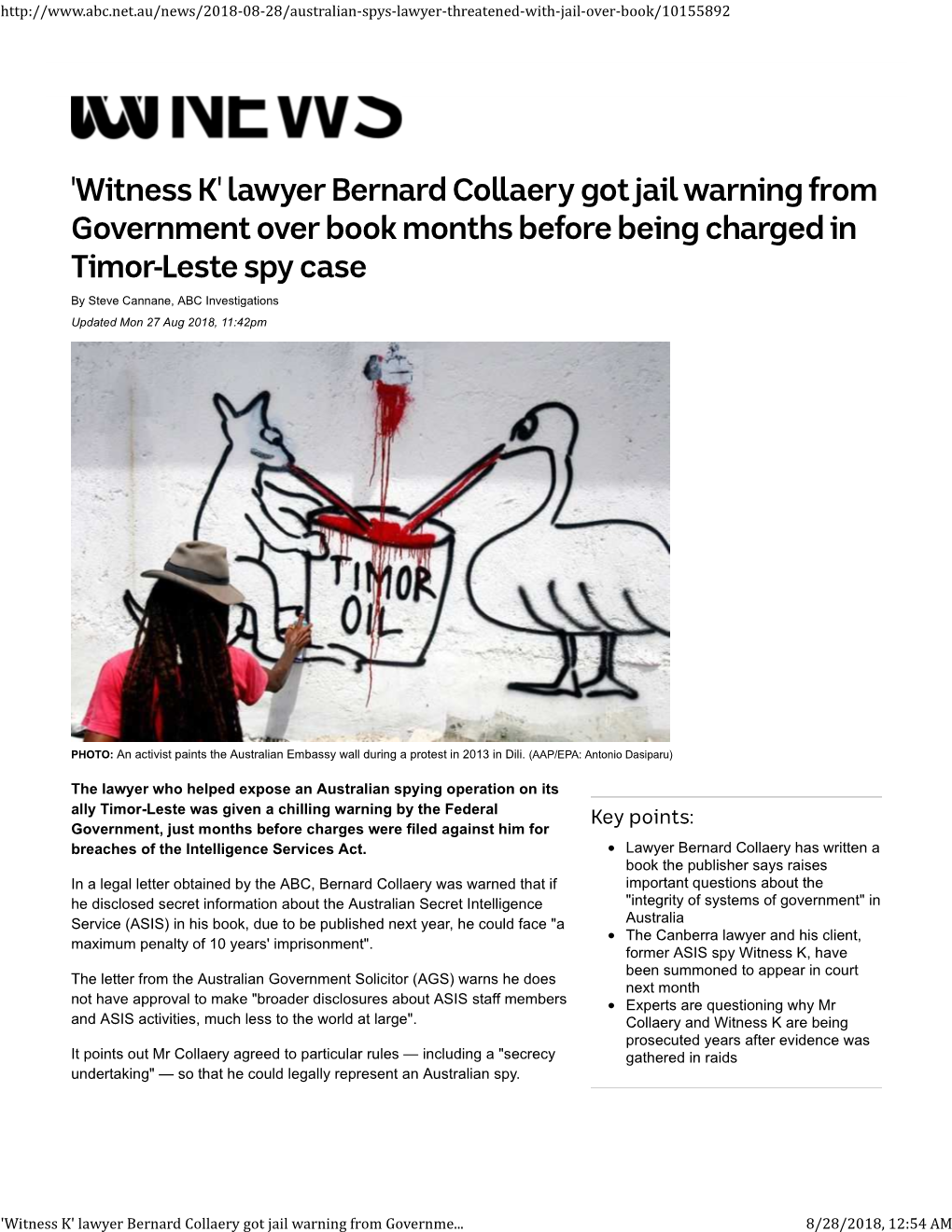'Witness K' Lawyer Bernard Collaery Got Jail Warning from Government
