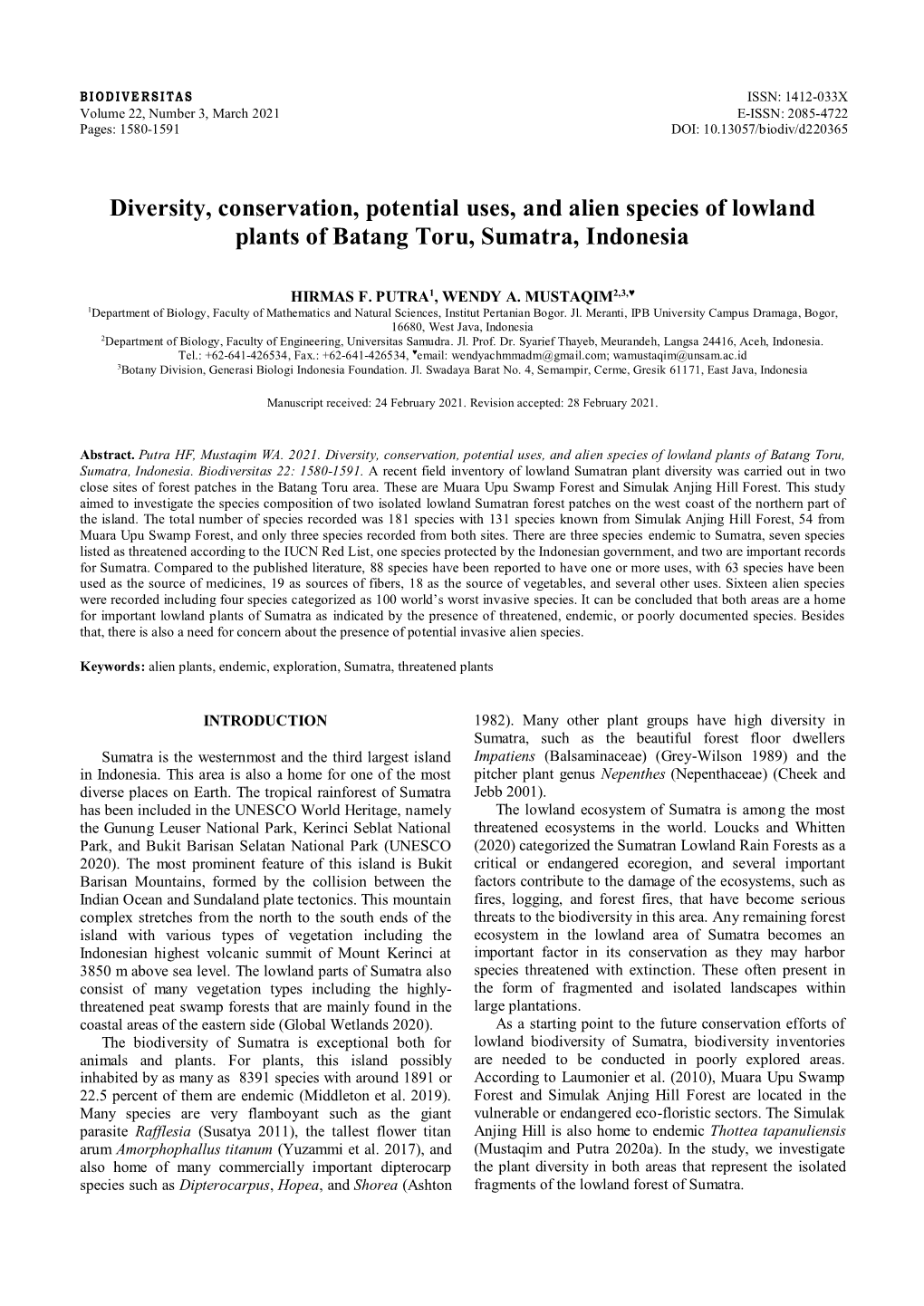 Diversity, Conservation, Potential Uses, and Alien Species of Lowland Plants of Batang Toru, Sumatra, Indonesia