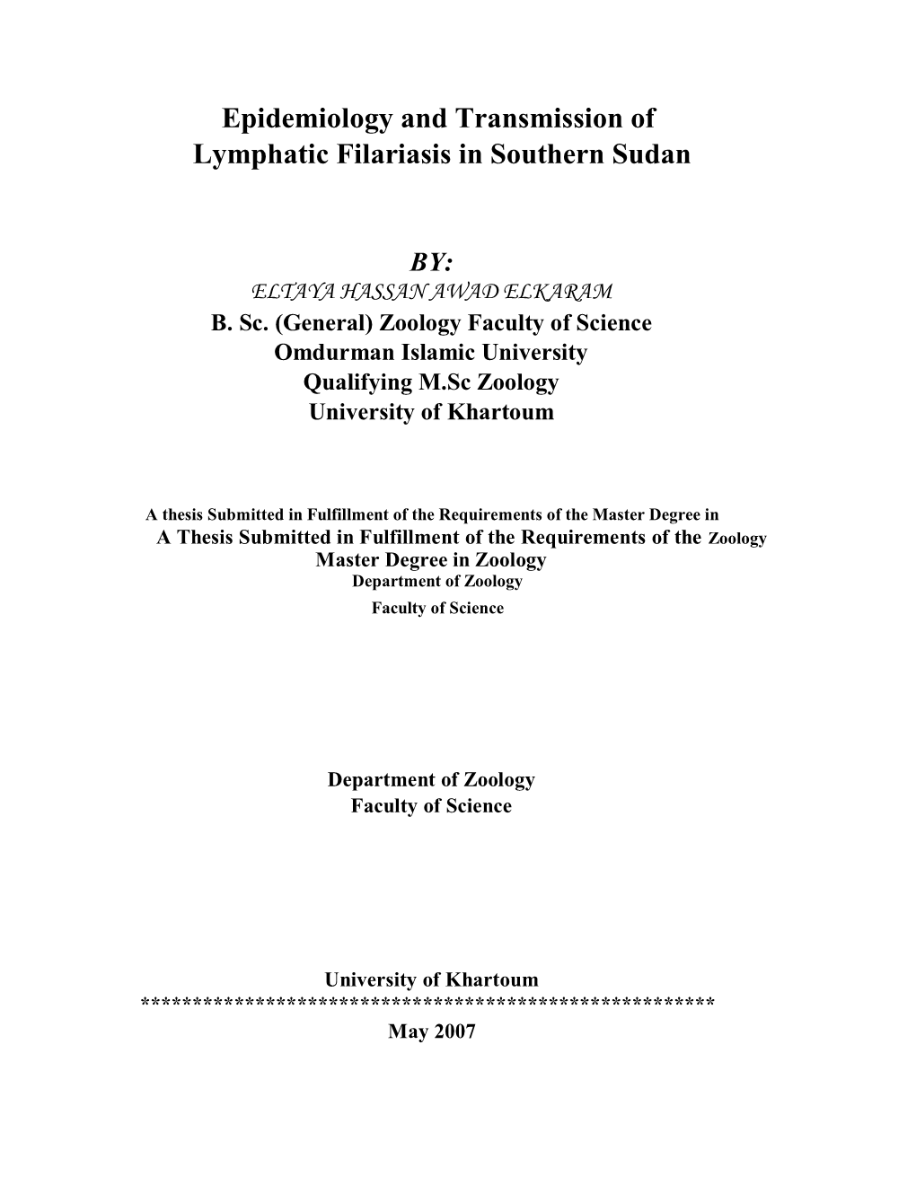Epidemiology and Transmission of Lymphatic Filariasis in Southern Sudan