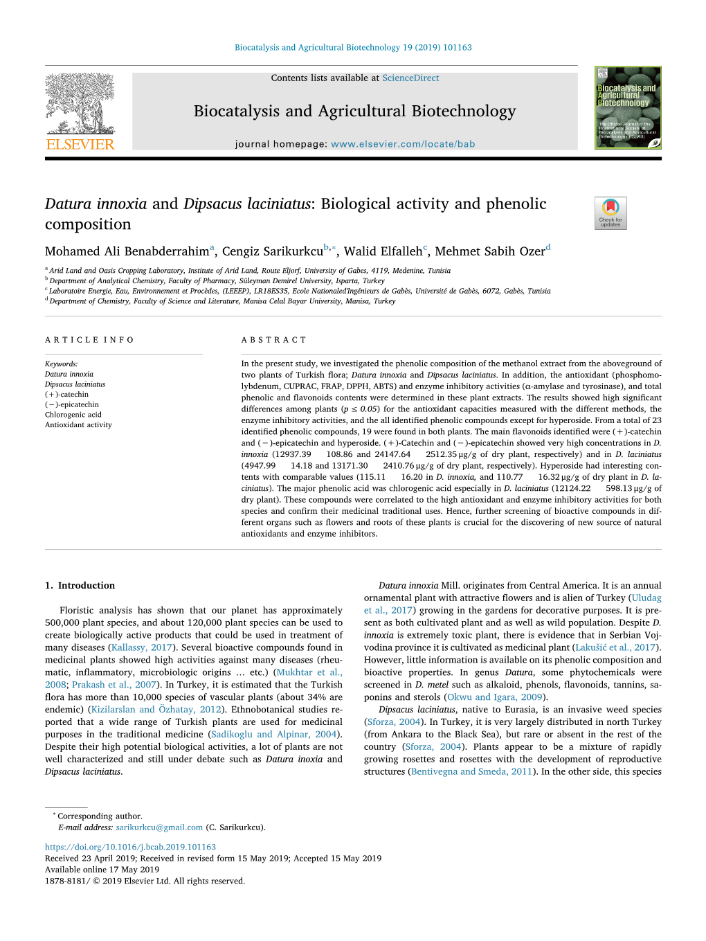 Datura Innoxia and Dipsacus Laciniatus Biological Activity And