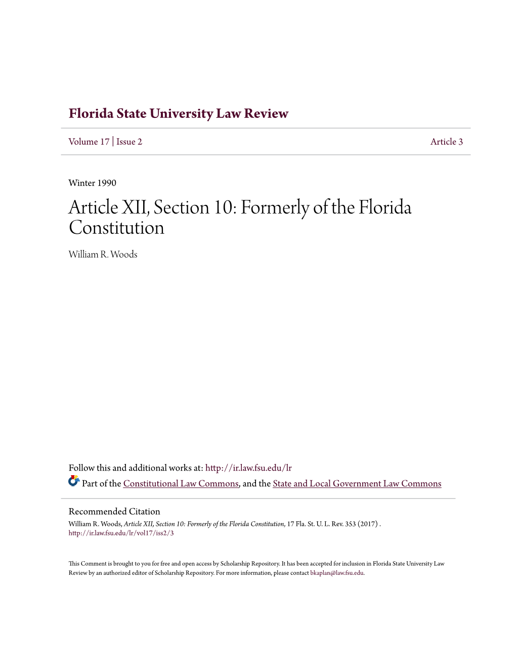 Article XII, Section 10: Formerly of the Florida Constitution William R
