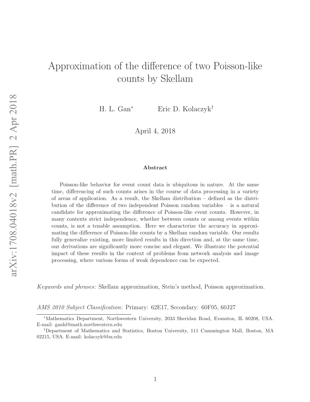 Approximation of the Difference of Two Poisson-Like Counts with Skellam