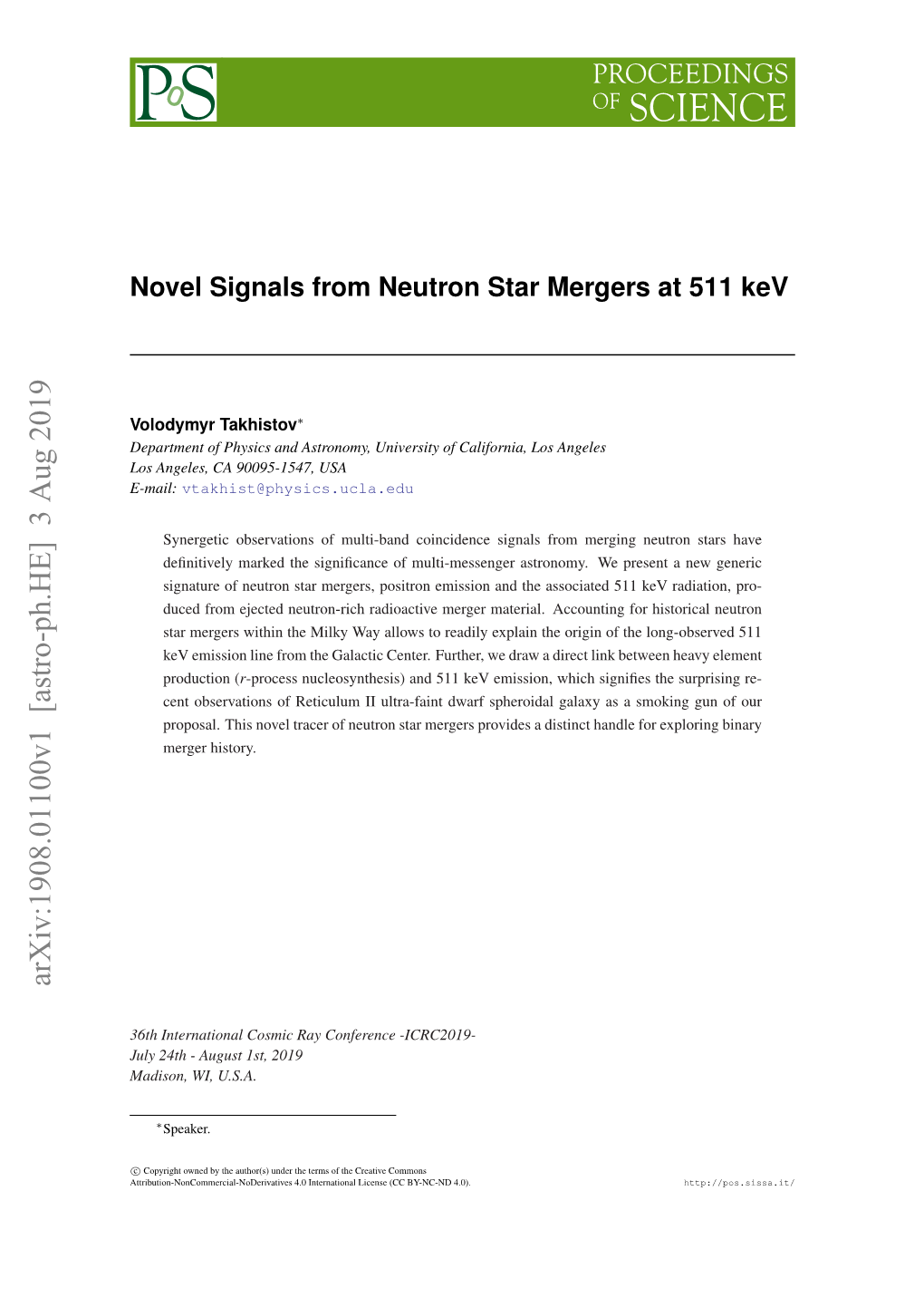 Novel Signals from Neutron Star Mergers at 511 Kev