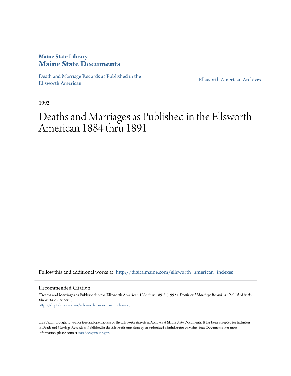 Deaths and Marriages As Published in the Ellsworth American 1884 Thru 1891