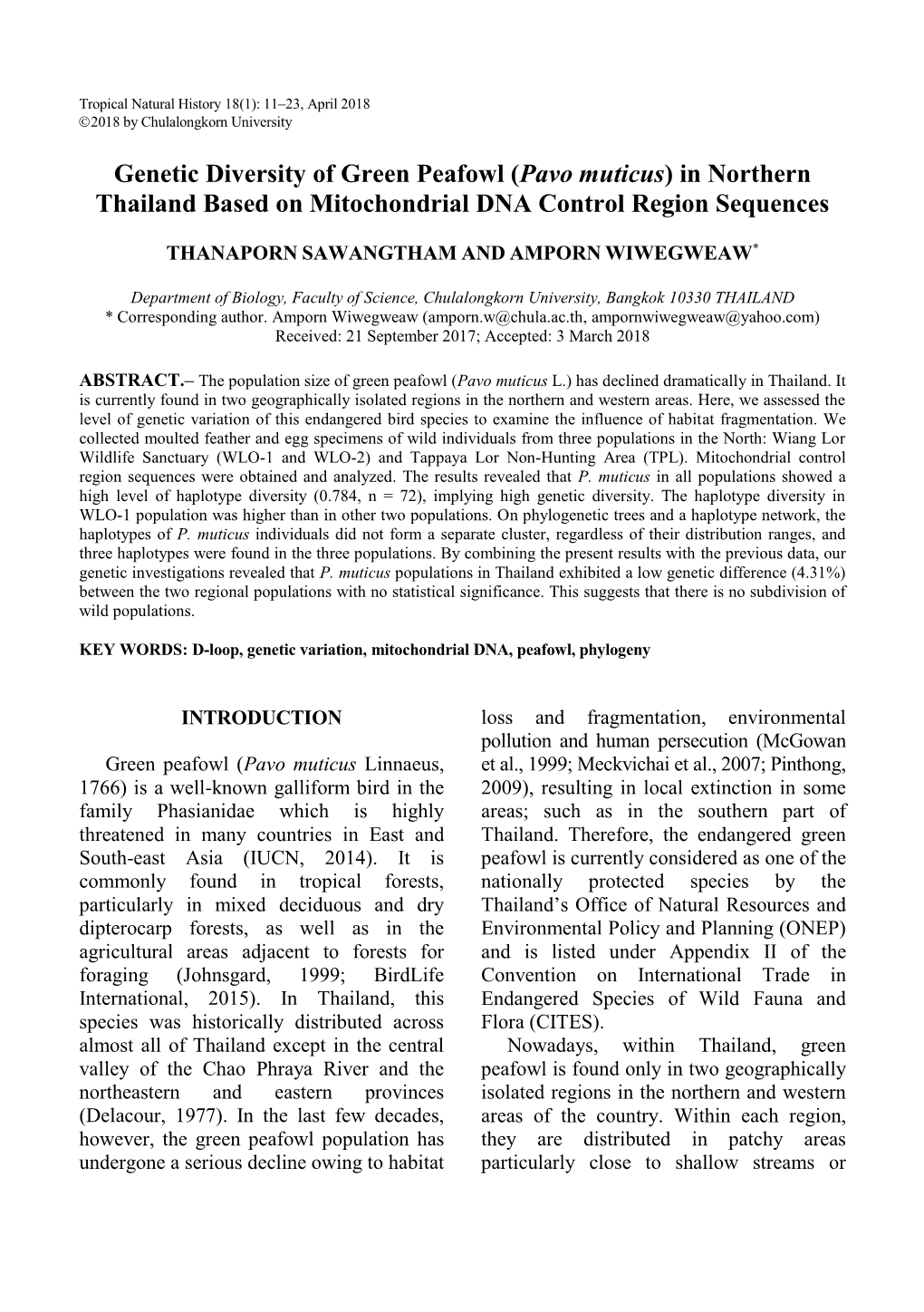 Genetic Diversity of Green Peafowl (Pavo Muticus) in Northern Thailand Based on Mitochondrial DNA Control Region Sequences