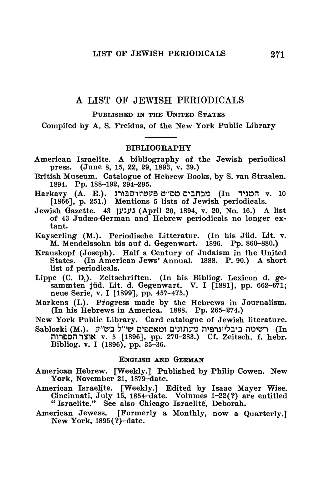 List of Jewish Periodicals 271
