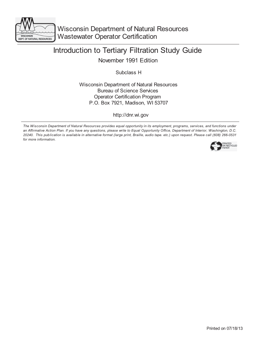 Introduction to Tertiary Filtration Study Guide November 1991 Edition