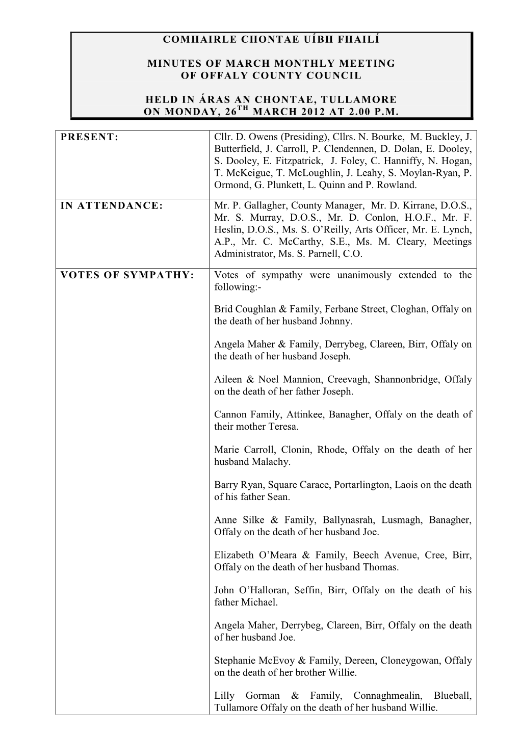 Comhairle Chontae Uíbh Fhailí Minutes of March Monthly Meeting of Offaly