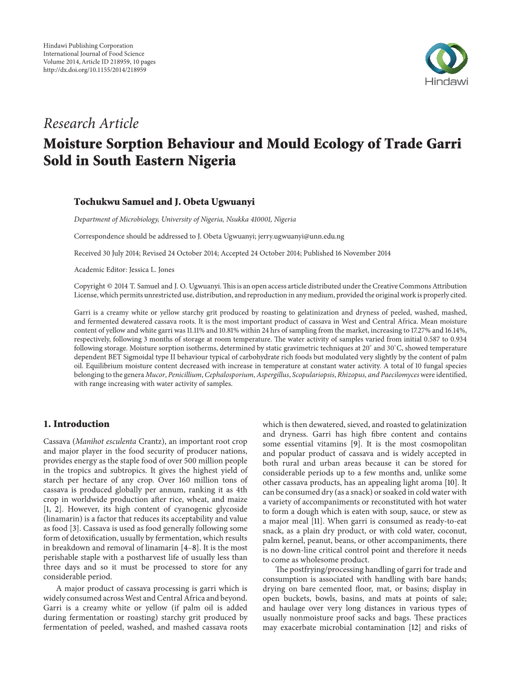 Research Article Moisture Sorption Behaviour and Mould Ecology of Trade Garri Sold in South Eastern Nigeria