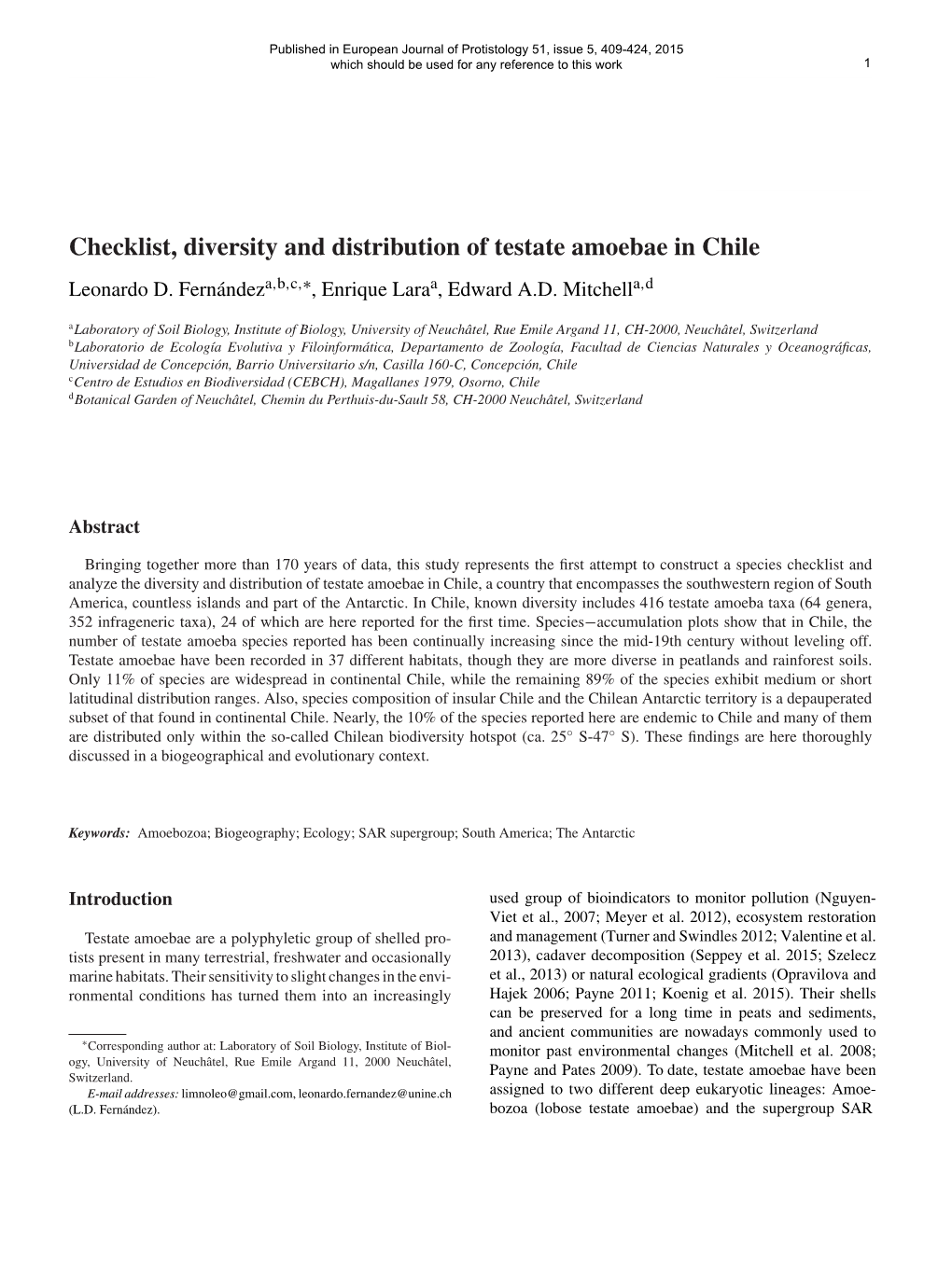 Checklist, Diversity and Distribution of Testate Amoebae in Chile , , ,∗ , Leonardo D