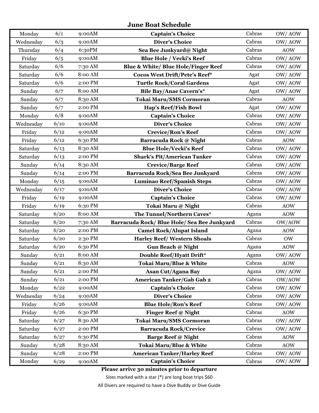 June Boat Schedule