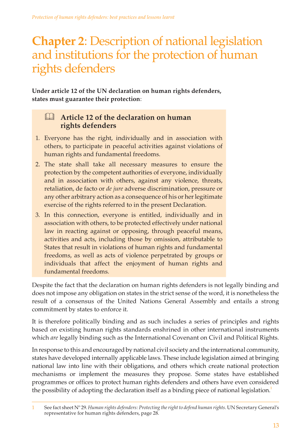 Chapter 2: Description of National Legislation and Institutions for the Protection of Human Rights Defenders