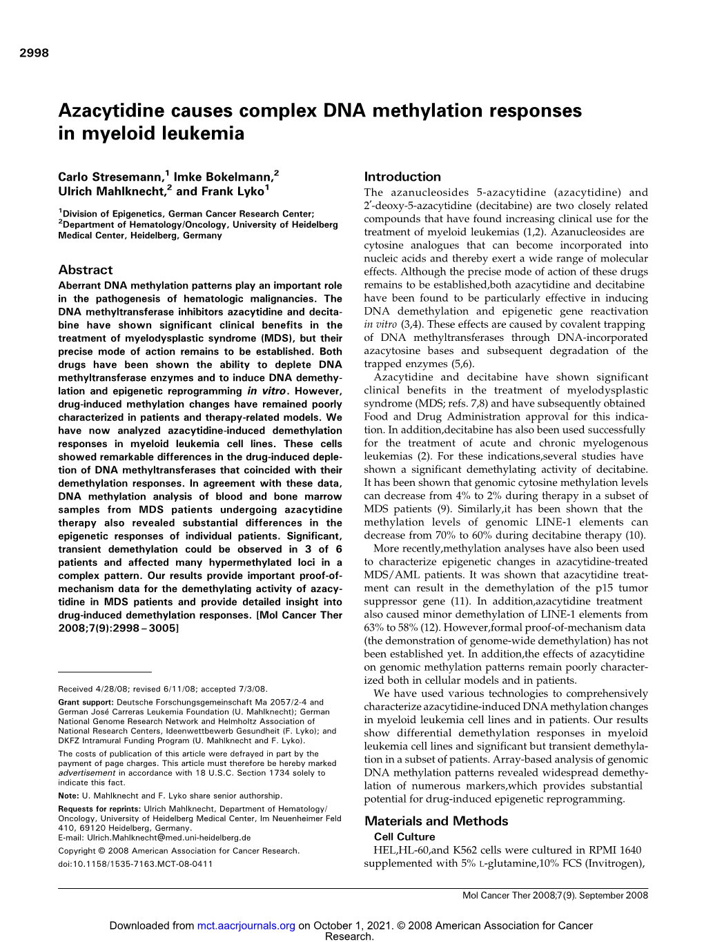 Azacytidine Causes Complex DNA Methylation Responses in Myeloid Leukemia