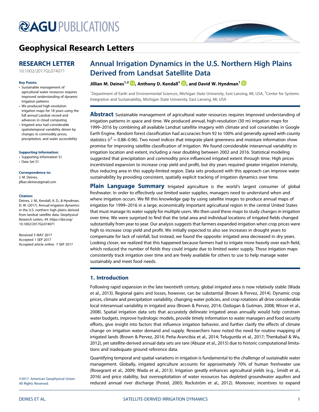 Annual Irrigation Dynamics in the U.S. Northern High Plains Derived From