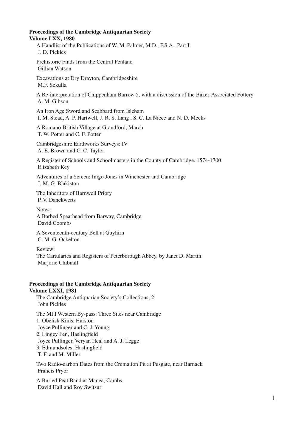 Proceedings of the Cambridge Antiquarian Society Volume LXX, 1980 a Handlist of the Publications of W