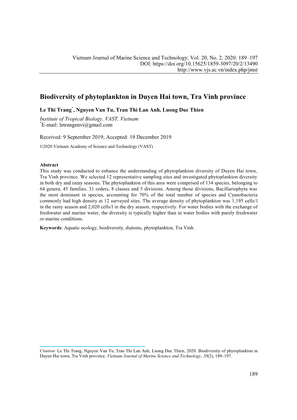 Biodiversity of Phytoplankton in Duyen Hai Town, Tra Vinh Province