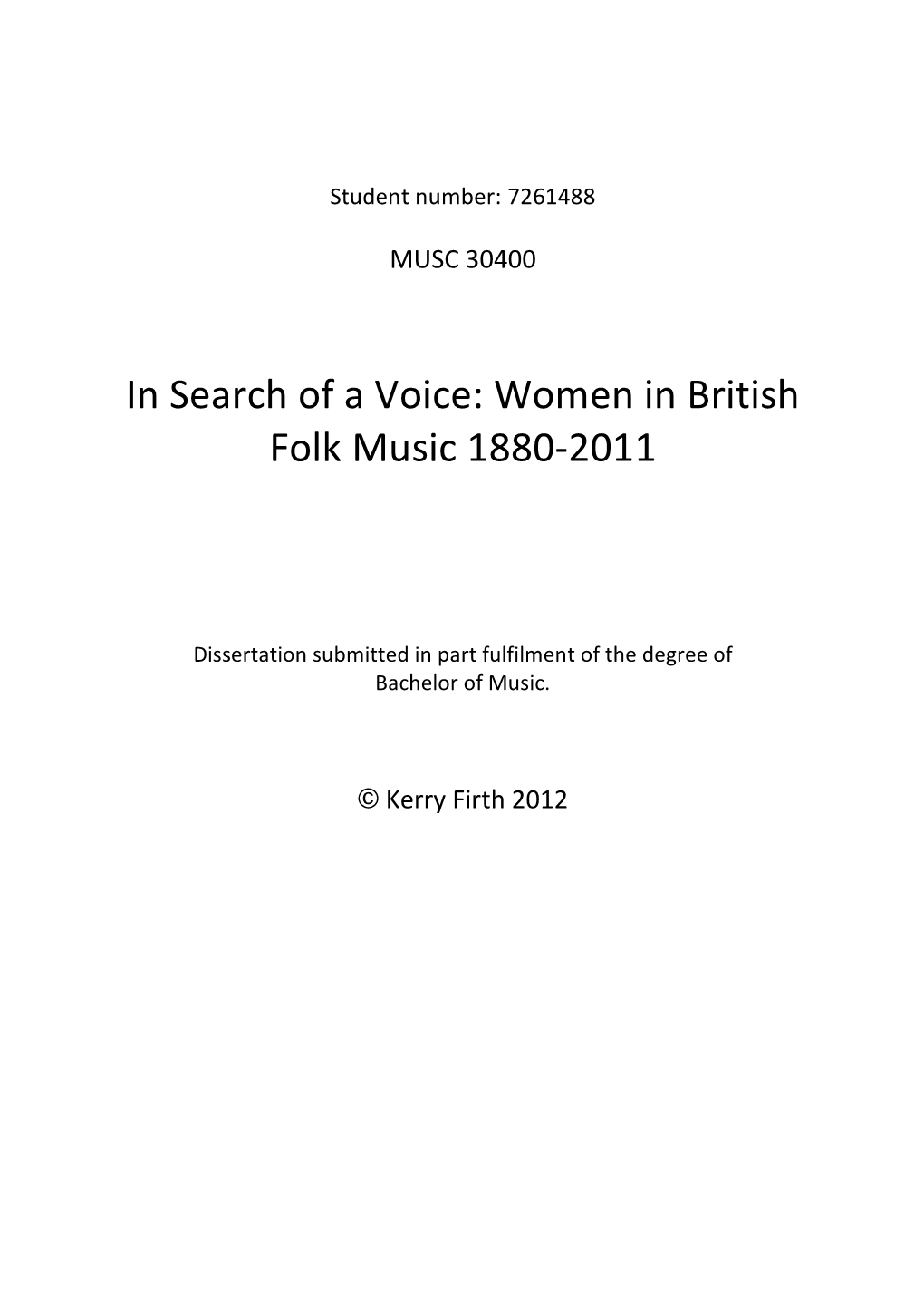 Women in British Folk Music 1880‐2011