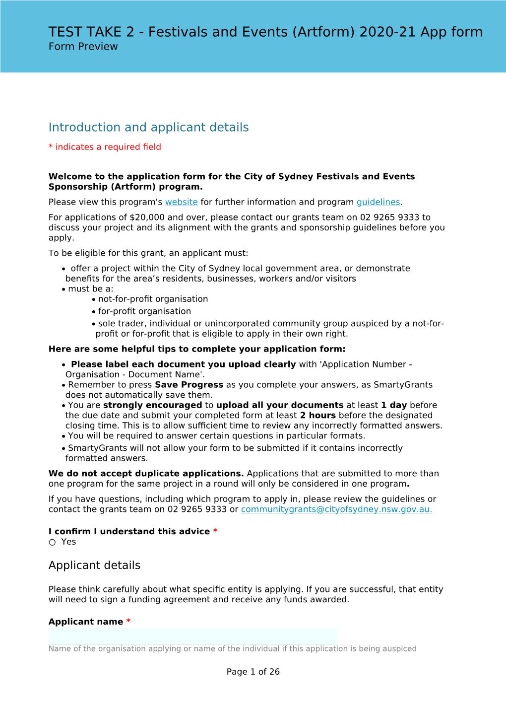Festivals and Events (Artform) 2020-21 App Form Form Preview
