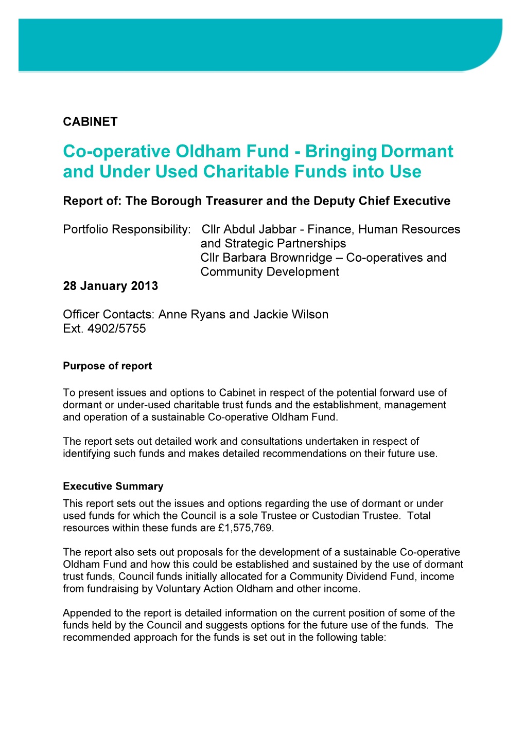 Co-Operative Oldham Fund - Bringing Dormant and Under Used Charitable Funds Into Use